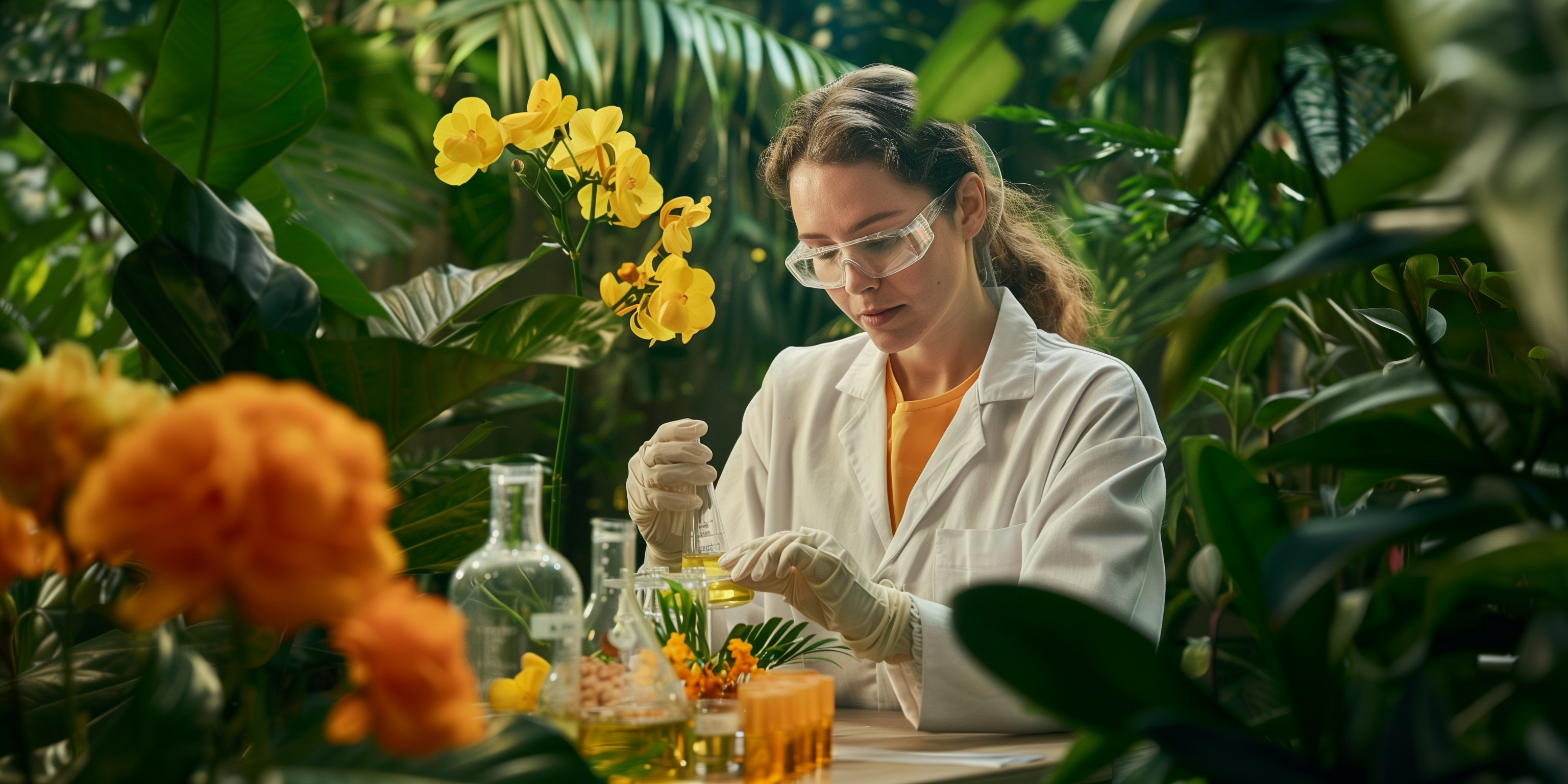 chemist in garden creating beauty products using synthetics